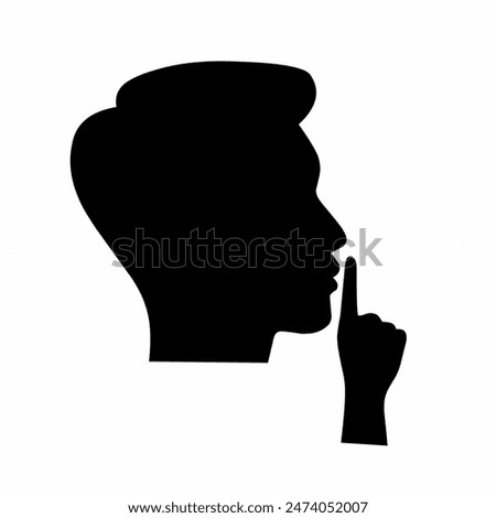Please be quiet and calm. Shhh gesture icon with man's face and hands. Finger covering mouth on white background. Vector silhouette.