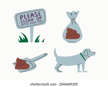 Por favor, limpie a su perro. Conjunto de ilustraciones que instan a elegir después de una mascota. Perro lindo, turba, cuchara, bolsa de basura.