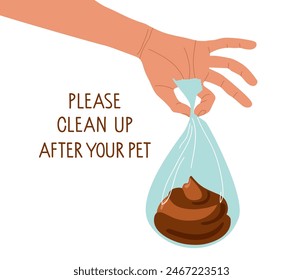 Por favor, limpia después del mensaje de texto de tu perro. Residuos de mascotas en bolsa transparente. Responsabilidad social. Recogida de excrementos animales, residuos animales. Ilustración vectorial plana de dibujos animados aislada sobre fondo blanco
