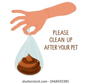 Por favor, limpia después del mensaje de texto de tu perro. Residuos de mascotas en bolsa transparente. Responsabilidad social. Recogida de excrementos animales, residuos animales. Ilustración vectorial plana de dibujos animados aislada sobre fondo blanco