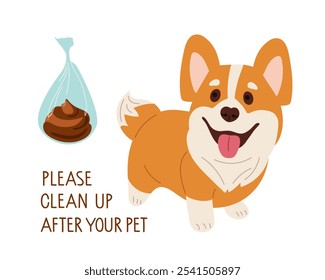 Bitte säubern Sie nach Ihrem Hund, Haustierabfall, Corgi Dog. Soziale Verantwortung. Tierische Exkremente, Tierabfälle sammeln. Stadtplakat Flache Cartoon-Vektorgrafik einzeln auf weißem Hintergrund.