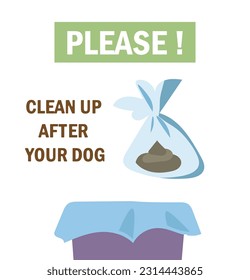 Please, clean up after your pet vector cartoon sign with trash can and poop.