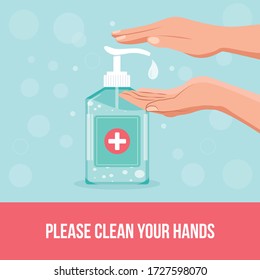 Please Clean Your Hands Sign Notice Self-Adhesive. Hand sanitizer. Personal hygiene, healthcare. Disinfection, Antibacterial washing. Virus prevention and protection. Clean your hands sign Coronavirus