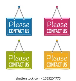 Please Contact Us Hanging Business Signs - Vector Illustration - Isolated On White Background