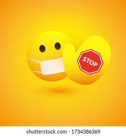 Please Do not Come Any Closer - Simple Emoticon with Medical Mask and Showing a Palm with Stop Sign - Social Distancing Concept, Vector Design on Yellow Background

