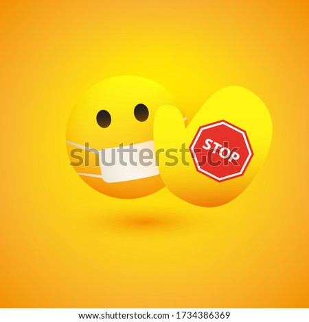 Please Do not Come Any Closer - Simple Emoticon with Medical Mask and Showing a Palm with Stop Sign - Social Distancing Concept, Vector Design on Yellow Background

