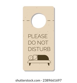 Please Do not disturb door hanger sign, tag or label with a person sleeping in bed. Hotel room door handle or knob hanging card and warning message on white background. Vector illustration.