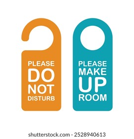 Please do not disturb and please make up room hanging sign symbol. Colorful hangers white background. Sleep time, make up room, busy label, hotel hanger, door instruction, warning card for room door.