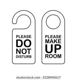 Please do not disturb and please make up room hanging sign symbol. Colorful hangers white background. Sleep time, make up room, busy label, hotel hanger, door instruction, warning card for room door.