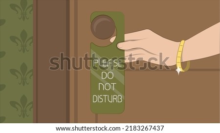 Please do not disturb sign vector illustration. Do not disturb sign and hand with bracelet. Hand hangs a sign. Hotel wooden door concept. 
