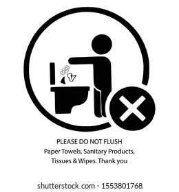 Please do not flush paper towels, sanitary products sign, logo, symbol, icon. Template isolated on white background. Flat Style graphic design. Can be used for any purposes. Vector EPS10