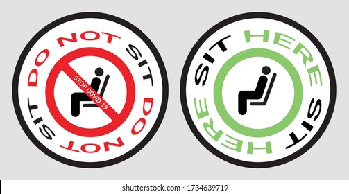 Please do not sit and sit here sign to prevent from Coronavirus or Covid-19 pandemic. Keep distance 6 feet or 2 meters physical distancing for chair, seat, shuttle bus, subway, railway, tram, train.