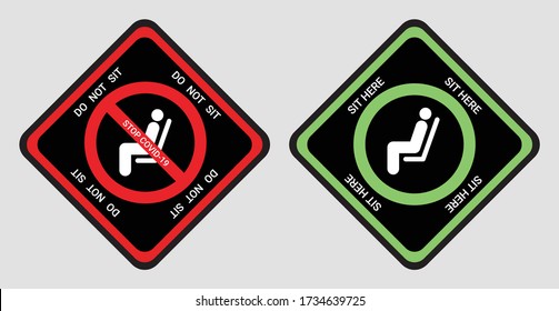 Please do not sit and sit here sign to prevent from Coronavirus or Covid-19 pandemic. Keep distance 6 feet or 2 meters physical distancing for chair, seat, shuttle bus, subway, railway, tram, train.