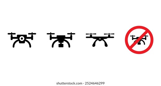 Please do not use drones here, restricted drone icon with action camera in red prohibited sign. Vector drone icon black design and No Drones Zone sign