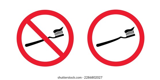 Por favor, no te laves los dientes. Icono de diente y cepillo de dientes prohibido. Molar, cepillo dental. Vector sin prohibición, señal de advertencia. Pincel de dientes dañados o cepillo dental. Detente, prohibido y no te cepillos los dientes.