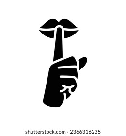 Please do quite pssst icon. Woman lips with finger showing silence sign. Do not disturb can be used for library infographic. Solid Glyph symbol. vector illustration. Design on white background EPS 10