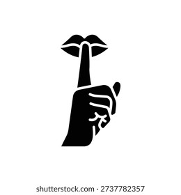 Please do quite pssst icon. Woman lips with finger showing silence sign. Do not disturb can be used for library infographic symbol. Silhouette illustration. Design on white background EPS 10.