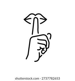 Please do quite pssst icon. Woman lips with finger showing silence sign. Do not disturb can be used for library infographic symbol. Outline illustration. Design on white background EPS 10.