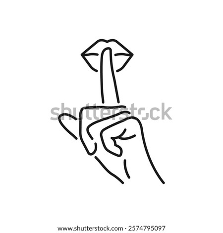 Please do quite pssst icon. Woman lips with finger showing silence sign. Do not disturb can be used for library infographic symbol. Editable vector illustration. Design on white background EPS 10