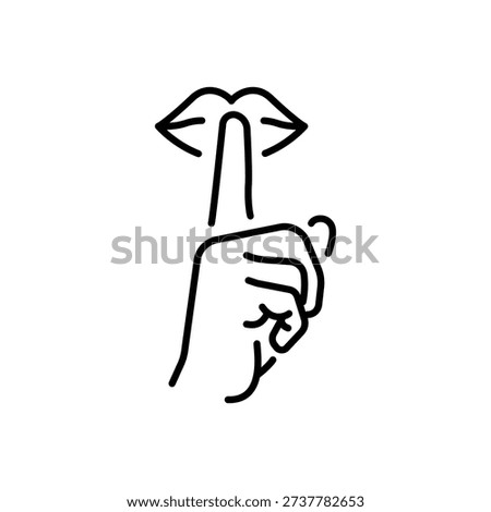 Please do quite pssst icon. Woman lips with finger showing silence sign. Do not disturb can be used for library infographic symbol. Outline illustration. Design on white background EPS 10.