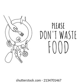 Please don't waste food, continuous single line drawing design, for world food day and the International Day of Awareness on Food Loss and Waste.