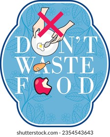 Por favor, no desperdicien alimentos, letreros de ilustraciones vectoriales, diseños para el Día Mundial de la Alimentación y el Día Internacional de Concienciación sobre la Pérdida de Alimentos y los Desechos.Bien por el restaurante, hotel, cafetería, bar, fiesta, comedor, comida, bufé