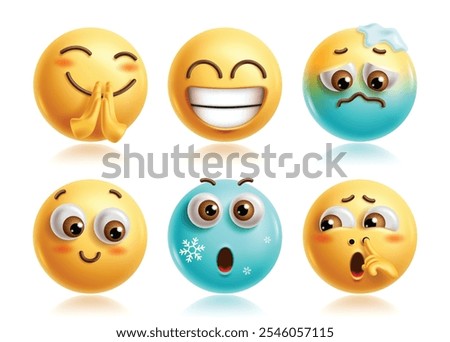 Please emoji characters vector set. Pleading emojis 3d icon clip art character with happy, sad, shy, freezing, surprise and bored facial expression yellow graphic elements. Vector illustration please