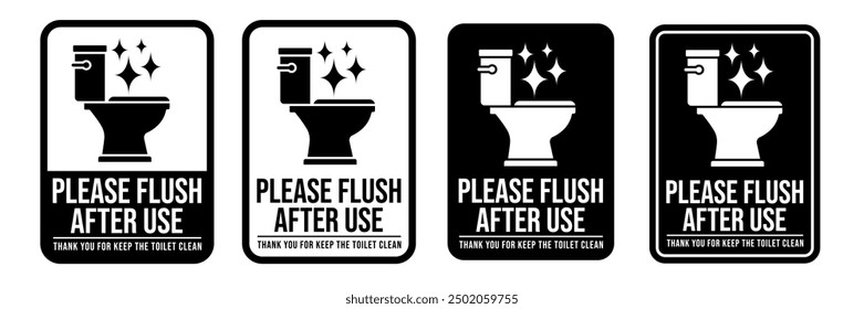 Please flush toilet after use sign, logo, badge, icon, sticker, label, emblem, stamp, symbol, black, line, flat vector, isolated illustration.