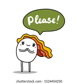Please hand drawn vector illustration in cartoon comic style tender cute woman speech bubble
