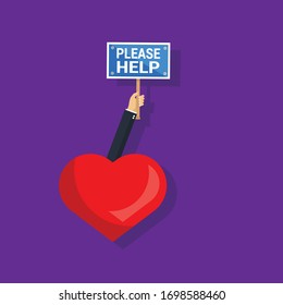 please help concept -heart and businessman hand holding sign with text please help.Conceptual vector illustration in flat style design.Isolated on background.