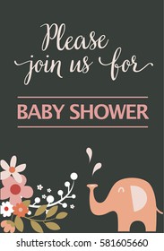 Please Join Us Baby Shower Card floral elephant on dark