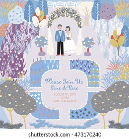 Please Join Us. Wedding card with a vintage illustration of a couple in the garden and arch. Vector floral background with a place for your text. Template easily editable.