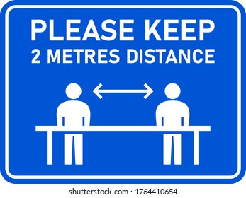 Please Keep 2 Metres Distance Horizontal Warning Sign Showing Socially Distancing Workers While Working, with an Aspect Ratio of 4:3 and Rounded Corners. Vector Image.