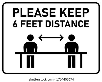 Please Keep 6 Feet Distance Horizontal Warning Sign Showing Socially Distancing Workers While Working. Vector Image.