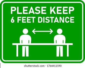 Please Keep 6 Feet Distance Horizontal Warning Sign Showing Socially Distancing Workers While Working, with an Aspect Ratio of 4:3 and Rounded Corners. Vector Image.