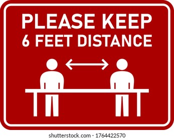 Por favor, mantenga el Signo de advertencia horizontal de 6 pies de distancia mostrando trabajadores socialmente distanciados mientras trabajan, con una relación de aspecto de 4:3 y esquinas redondeadas. Imagen vectorial.