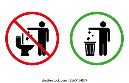 Please Keep Clean Silhouette Sign. Forbidden Drop Rubbish Sticker. Allowed Throw Litter, Garbage in Bin Icon. Warning Throw Waste to Basket. Caution No Dump. Isolated Vector Illustration.