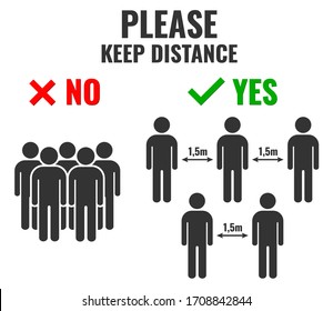 "PLEASE KEEP DISTANCE" poster to prevent the spread of viral infection. Icons of people standing in the crowd (wrong) and far standing (right). Poster for shops, food establishments, organizations.