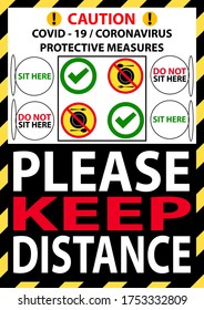 Please Keep Distance in restaurants and cafes.  Sitting on a tables for a safe distance. Prevention of coronavirus infection. Sticker. Icon. Vector flat illustration