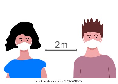 Please Keep Distance.Social Distancing between 2m.Man and Woman wearing mask standing in the mall.New normal Reopen, School, Office.Social distancing in the workplace during coronavirus (COVID-19).