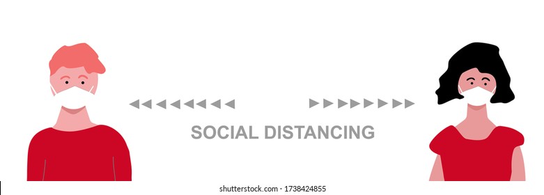 Please Keep Distance.Social Distancing between 2m.Man and Woman wearing mask standing in the mall.New normal Reopen, School, Office.Social distancing in the workplace during coronavirus (COVID-19).