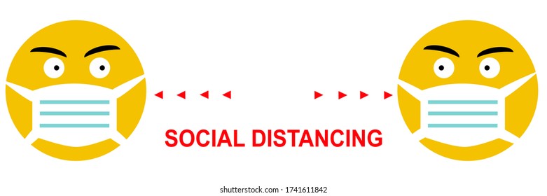 Please Keep Distance.Social Distancing between 2m.Emoticon face wearing mask standing in the mall.New normal Reopen, School, Office.Social distancing in the workplace during coronavirus (COVID-19).