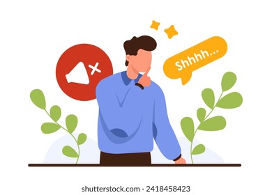 Please keep quiet, mystery silent gesture from man. Male character holding finger at mouth to ask for silence and keep secret, stop talking, Shhh text in speech bubble cartoon vector illustration