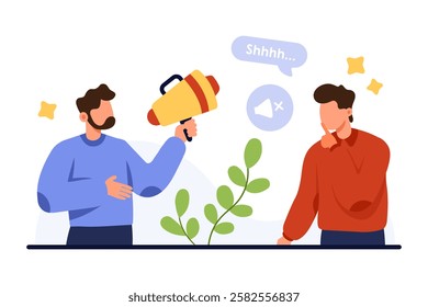 Please keep quiet and whisper, secret hidden information. Tiny people with megaphone and nonverbal body language, finger at mouth gesture and Shhh text in speech bubble cartoon vector illustration