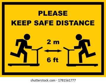 please keep safe distance at fitness centers, black silhouette on blue background, vector icon