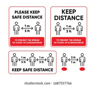 Please Keep Safe Distance sign for Public Place and Queue in Store. Human icons and Social Distance of 1 meter or 3 feet. Protection from Covid-19, Coronavirus outbreak spreading. Editable Line Vector