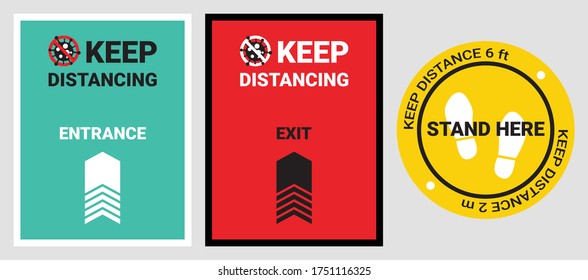 Please keep safe distance sign to help reduce the spread of covid-19 coronavirus. Respect physical distancing 6 feet or 2 meters floor sticker for entrance, exit, stand in the stores or supermarkets