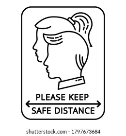 Please keep safe social distance sign linear icon with man and woman