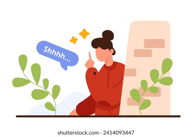 Please keep secrets and dont gossip with silence gesture. Woman peeking out and looking from behind wall with finger to mouth and warning Shhh text in speech bubble cartoon vector illustration