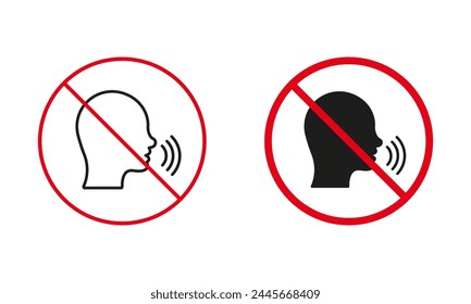 Please Keep the Silence. No Talking Allowed Warning Sign Set. Speaking Is Prohibited Line And Silhouette Icons. Not Loud Sound and Noise Red Circle Symbol. Isolated Vector Illustration.